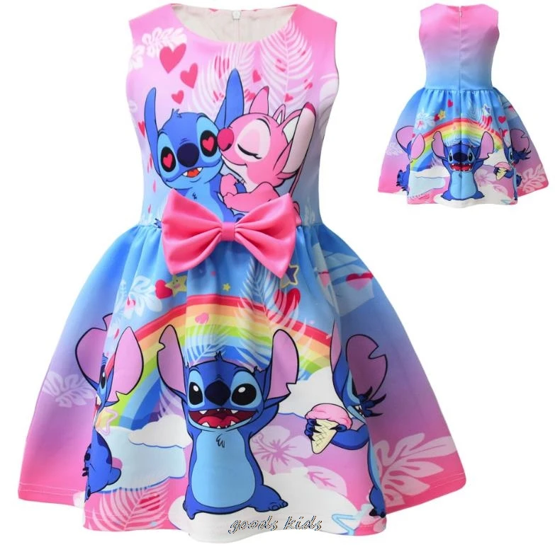 Hot Lilo And Stitch Children\'s Dress Sets Cartoon Cute Girls Dress Sleeveless Bow Vest Toddler Dress And Small Bag Birthday Gift