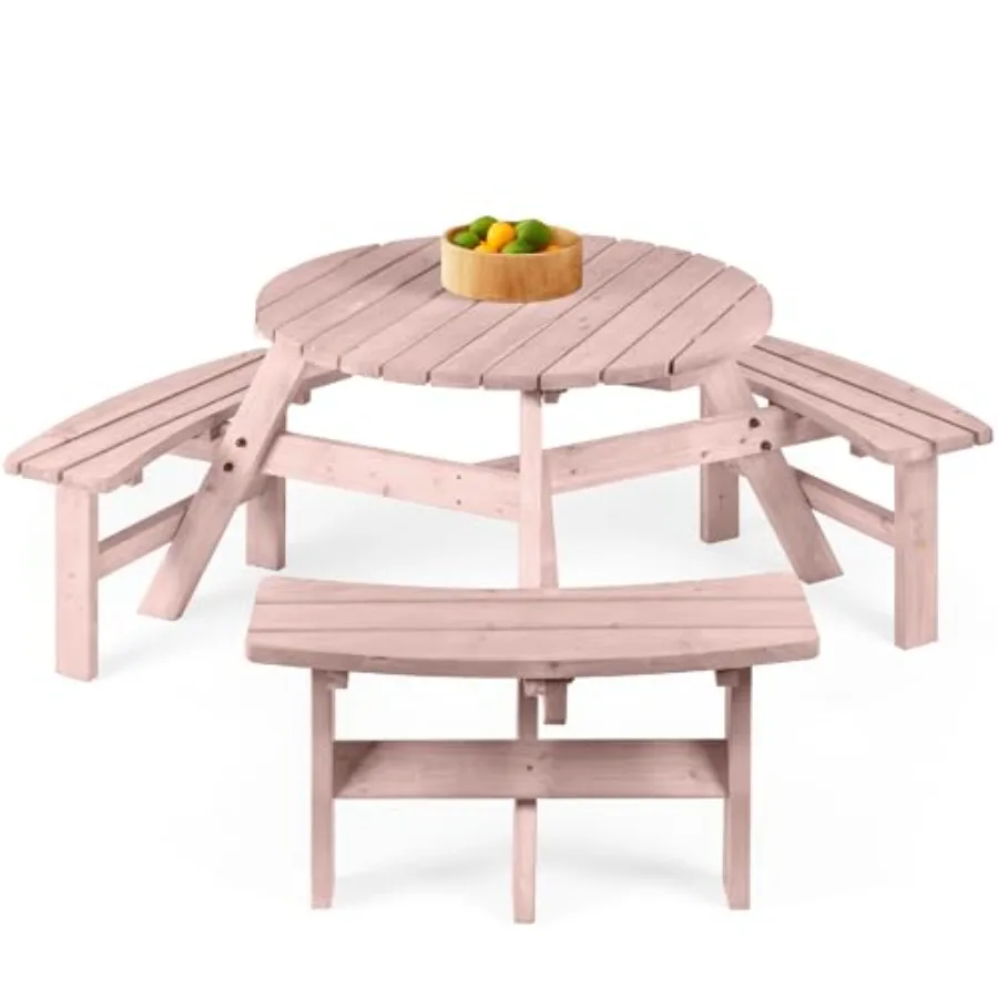 6-Person Circular Outdoor Wooden Picnic Table for Patio, Backyard, Garden, DIY w/ 3 Built-in Benches, 500lb Capacity