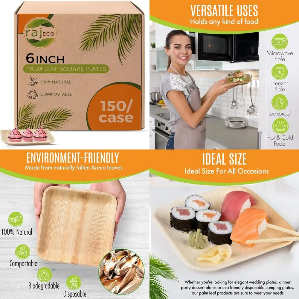 

Одноразовые тарелки с пальмовыми листьями оптом — 50 квадратных, прочных, декоративных, компостируемых, 150 упаковок в 3 футлярах