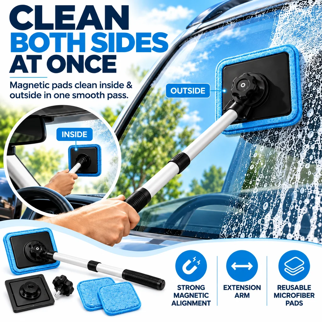 1/2/4SET Dual Magnetic Car Windshield and Glass Cleaner, Streak-Free Auto Cleaning Kit for Road Trips and Rainy Weather