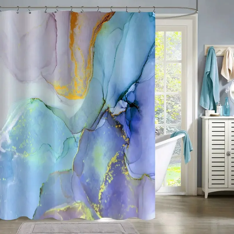 1PC colorful abstract marble shower curtain with plastic hook - modern abstract floral design, chic bathroom décor