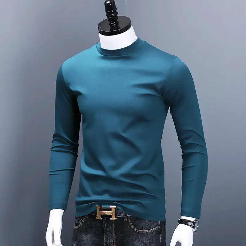 Fashion kaus pria, baju atasan lembut lengan panjang Slim Fit musim gugur dan musim dingin Turtleneck polos