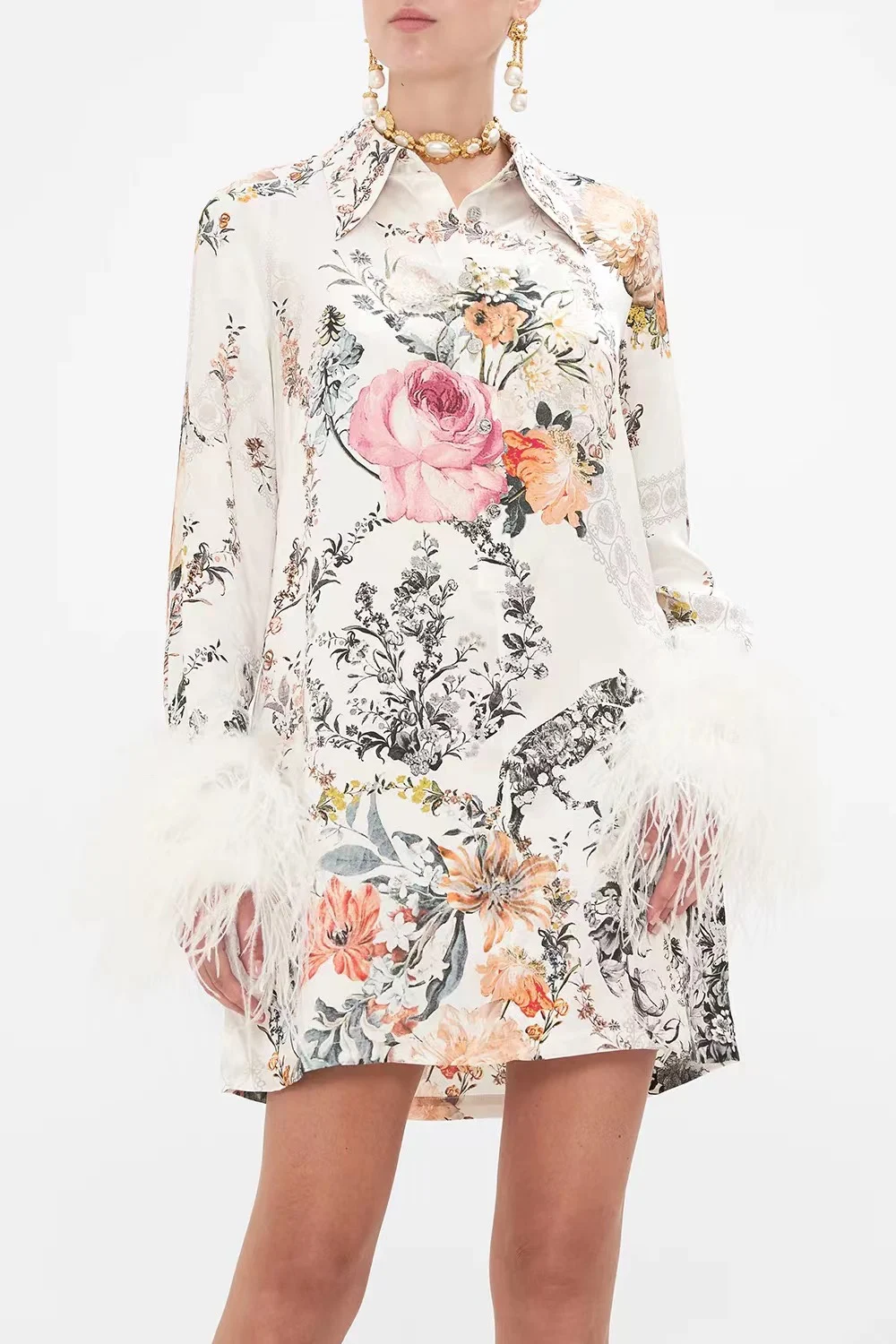 

Women Turn-down Collar Floral Printed Half Buttons Full Sleeve Stitching Feather Silk Shirt Mini Dress