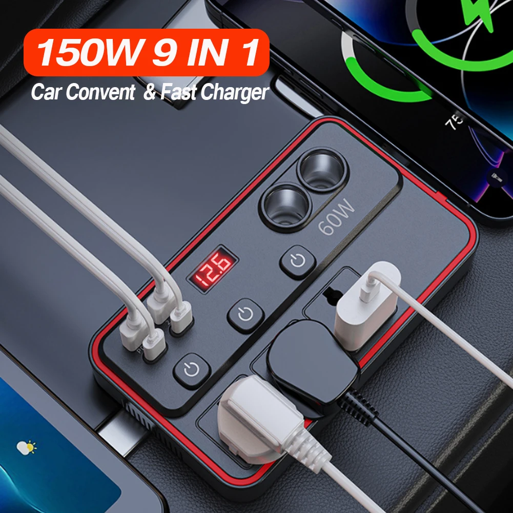 150W Car Power Inverter 12V-24V to AC 110V-220V Conventor,PD & QC3.0 Phone Charger,Dual Cigarette Lighter Port with Voltmeter
