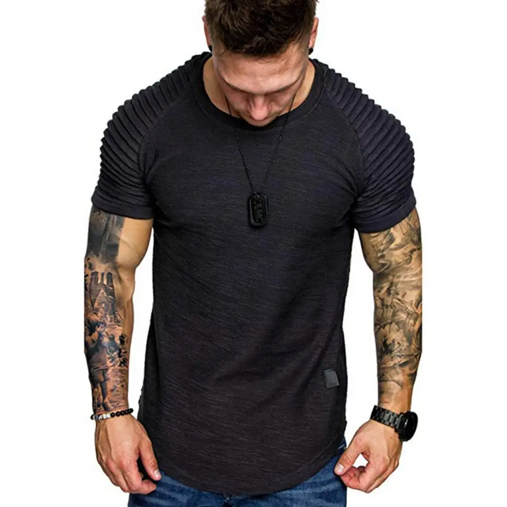 Men Cotton Blend T-shirt Men\'s Summer Pleated Wrinkled Raglan T-shirt Slim Fit Solid Color Pullover Tops for Streetwear Style