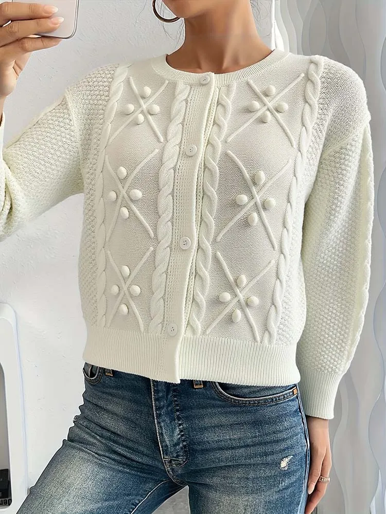 

Дизайнерский женский кардиган с круглым вырезом и объемным узором в виде шариков ручной работы, модный и в ретро-стиле.