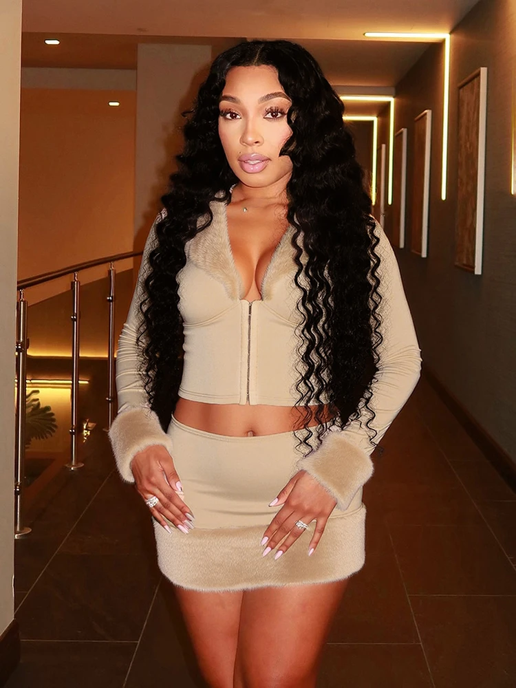 

Kliou Furry Patchwork 2 Piece Set Woman Lapel Hidden Breasted Full Sleeve Crop Tops+Mini SKirts Midnight Street Elegant Outfits