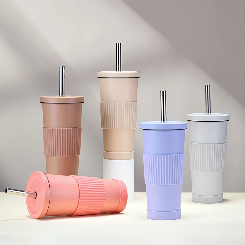 

2025 New 710ml Pearl Milk Tea Cup Portable Multi-Color Stainless Steel Tumbler with Insulated Straw Anti-Slip Drinks Cup
