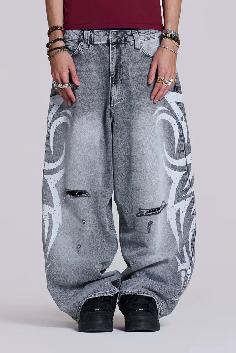Streetwear Y2K Fashion Oversized Printed Washed Holes Baggy Jeans Men Harajuku Hip Hop Vintag Gothic High Waist Wide-leg Pants