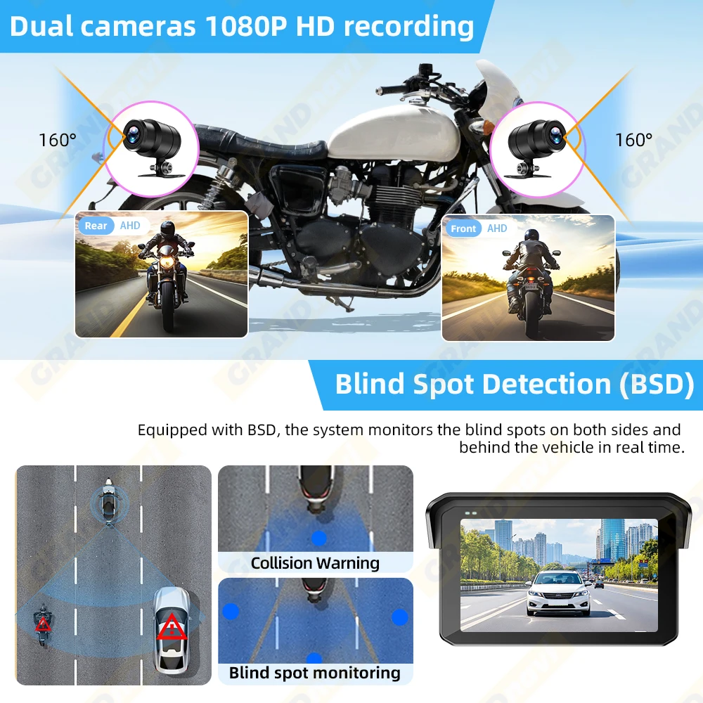 5 بوصة دراجة نارية لتحديد المواقع والملاحة IPX67 مقاوم للماء اللاسلكية CarPlay أندرويد السيارات محرك مسجل BSD دعم 2K + 1080P عدسة مزدوجة DVR