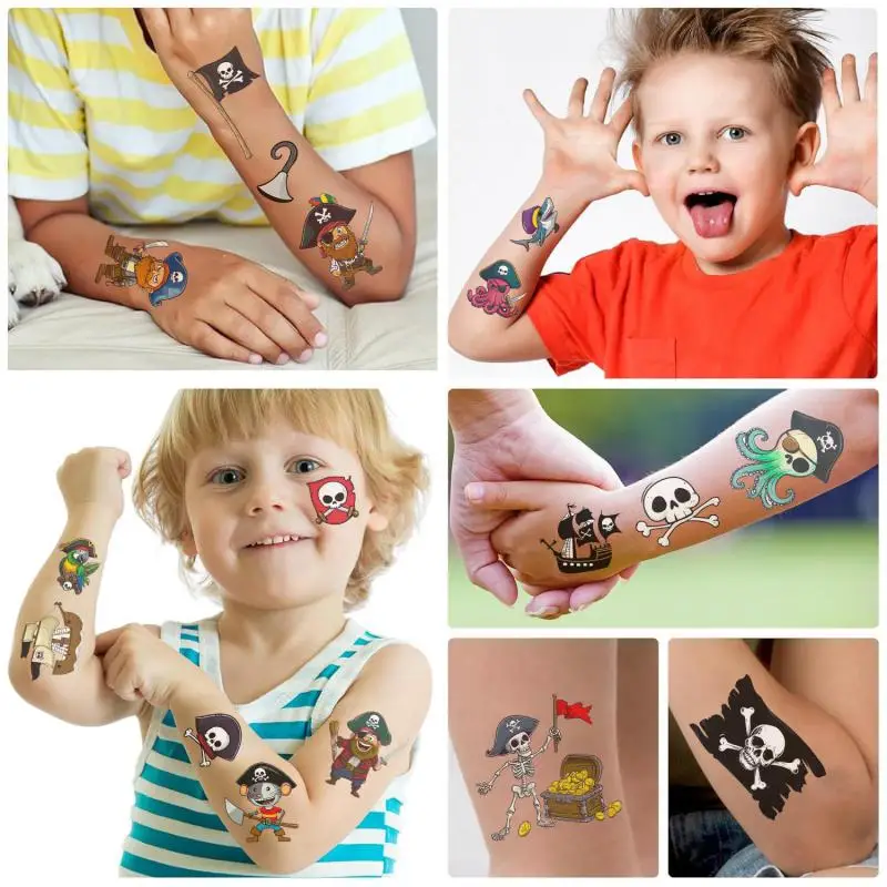 10Pcs Cartoon Pirate Treasure Gold Temporary Tattoos Sticker Skeleton Pirate Tattoos For Girls Boys Birthday Party Supplies