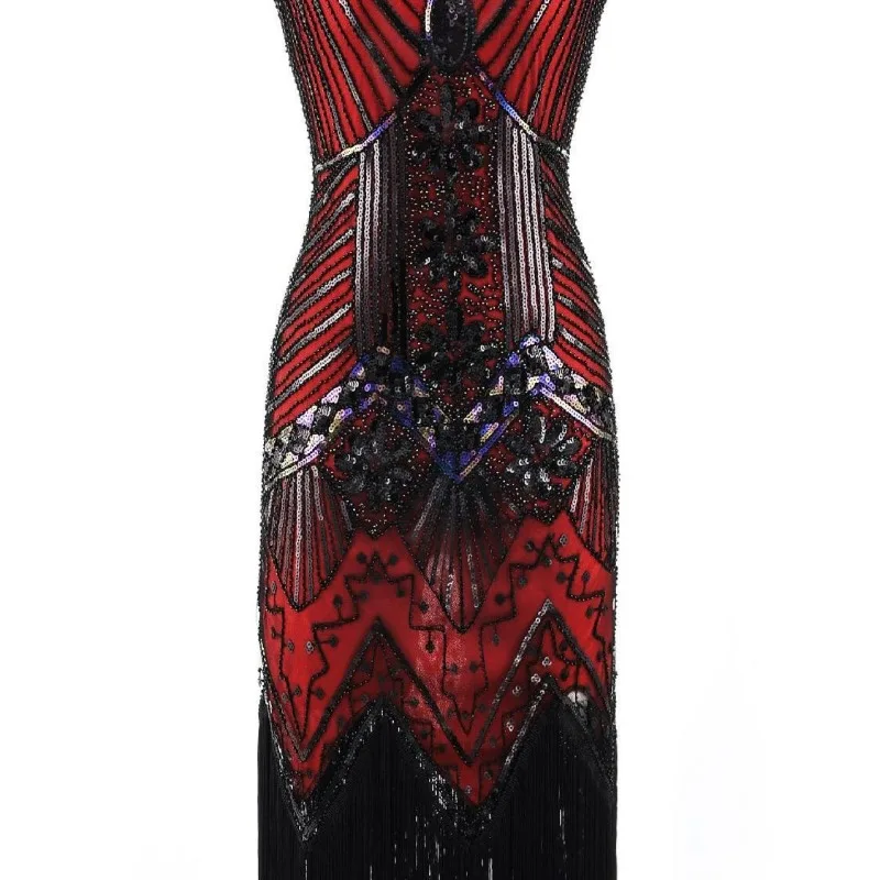 French Style Retro Sequined Beaded Fringed Party Vintage Banquet Party Temperament Slim Fit V-neck Sleeveless Long Dress