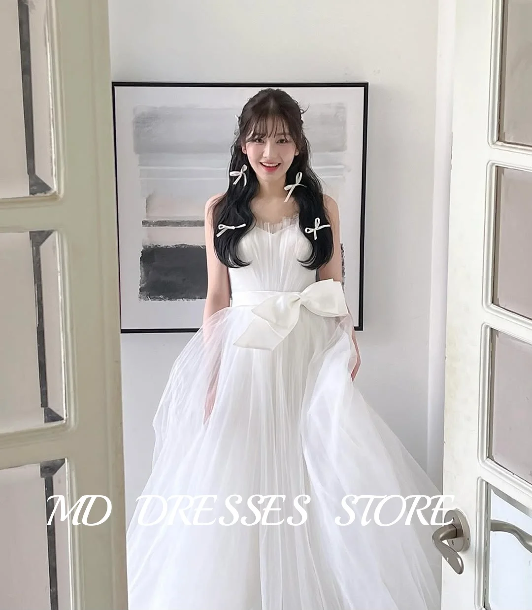 MD Princess Strapless Wedding Dress Pleat Korea Photoshoot Floor-Length Bow Belt Corset Garden Customized Bride Gowns 2025