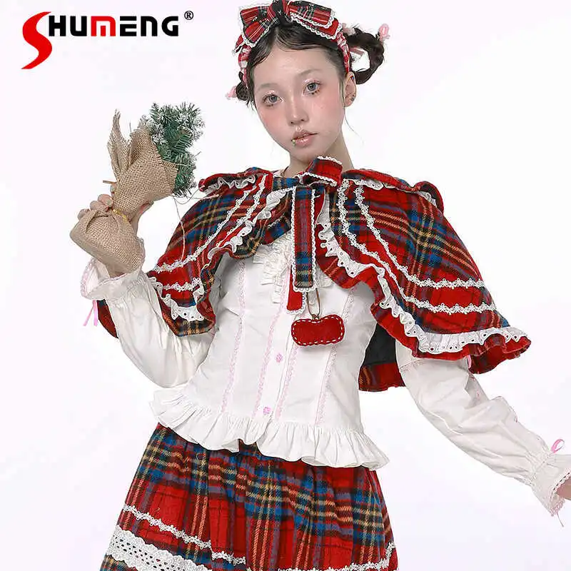 

Рождественская вечеринка, красная короткая накидка в стиле Лолиты, шаль на осень и зиму, новые накидки в клетку с милым бантом для девочек, женские пончо 2025 г.