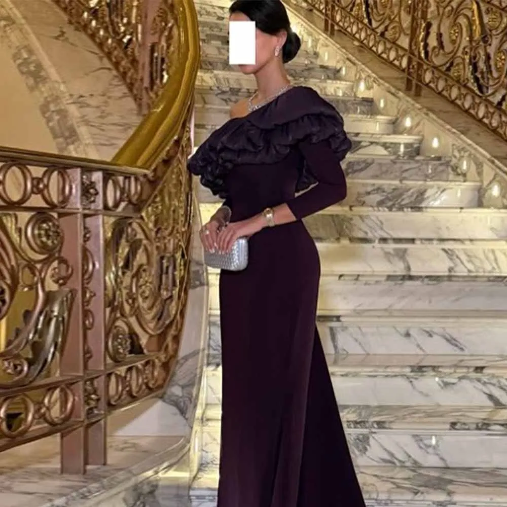 

Saudi Arabia Women's Party Dresses Velour Sheath/Column Formal Evening Dress Purple Off-the-shoulder Ruffles Prom Dress Long