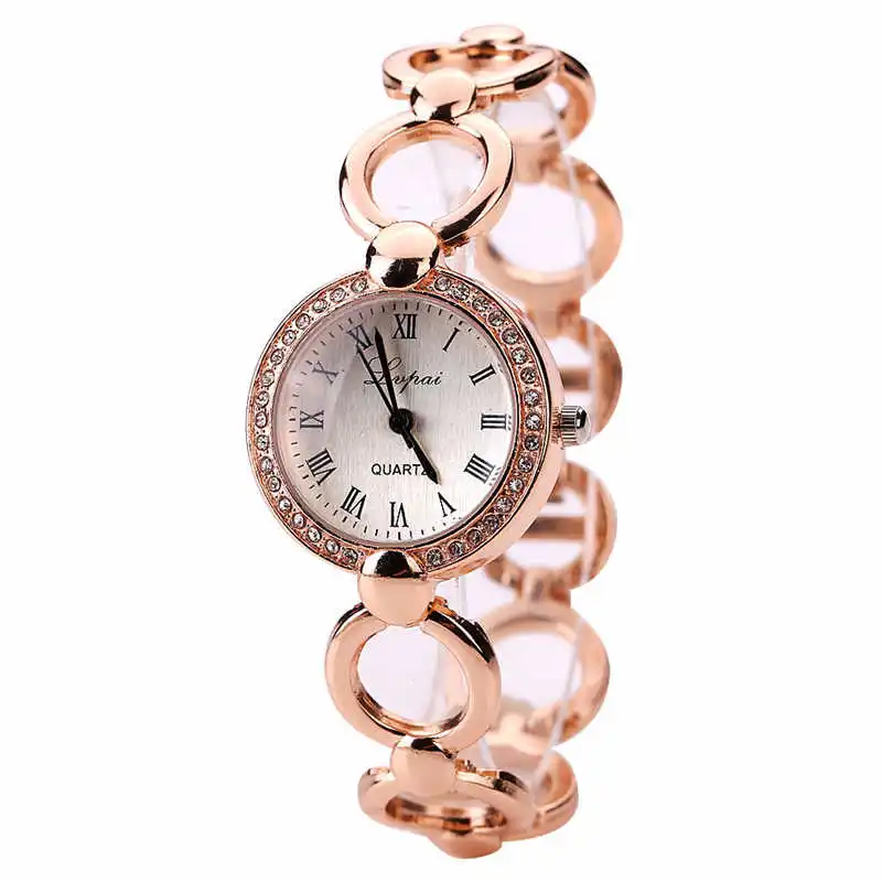 Relógio quartzo ouro rosa para mulheres, Relógio de pulso de cristal, Vestido relógios para meninas, Pulseira de luxo para senhoras