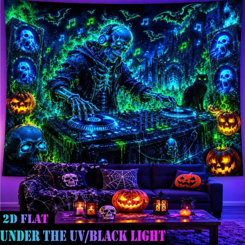 VIKAMA Neon Halloween DJ Skeleton Tapestry Music Pumpkin Bat Polyester Wall Hanging Spooky Bedroom Dorm Home Decor