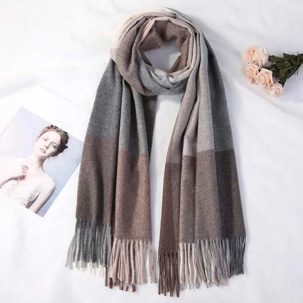 

Large Wool Classic Plaid Scarf Polyester Soft Knitted Wool Scarf Korean Style Cold-proof Long Neckscarf with Tassel Women