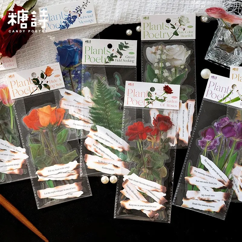 12 Pcs Cute Retro Floral Stickers Set PET Transparent Assorted Decal Small Flower Sticker for Scrapbooking 