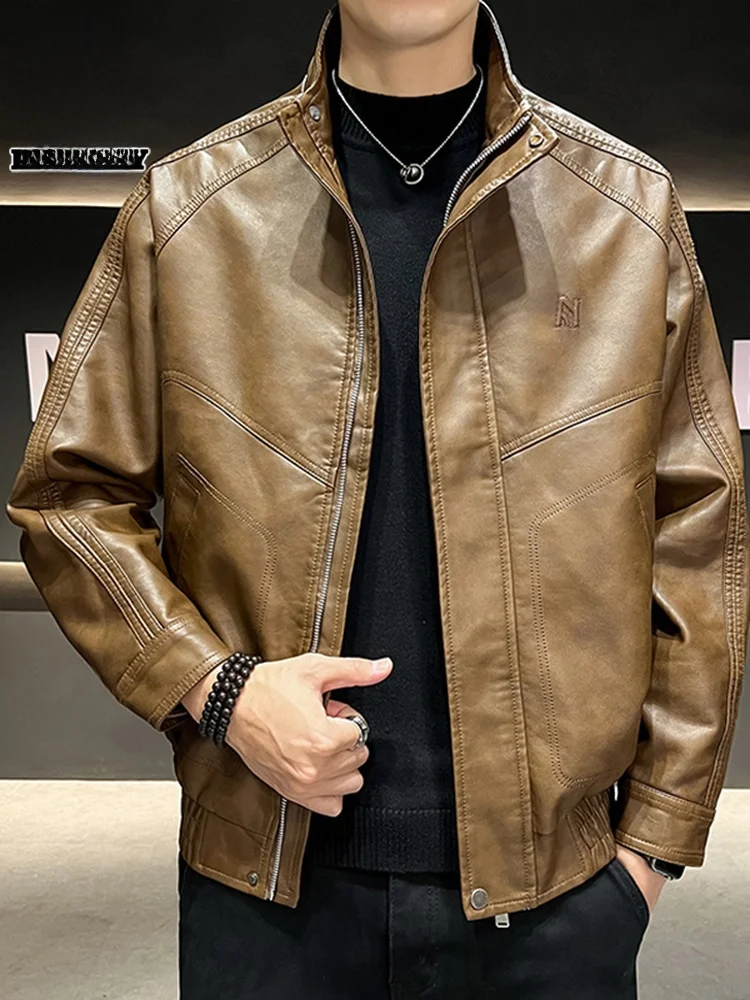 

Men's Leather Jaet Spring 2026 Casual American Sle Stand Collar Zipper Long Sve Thiened Outerwear Coat