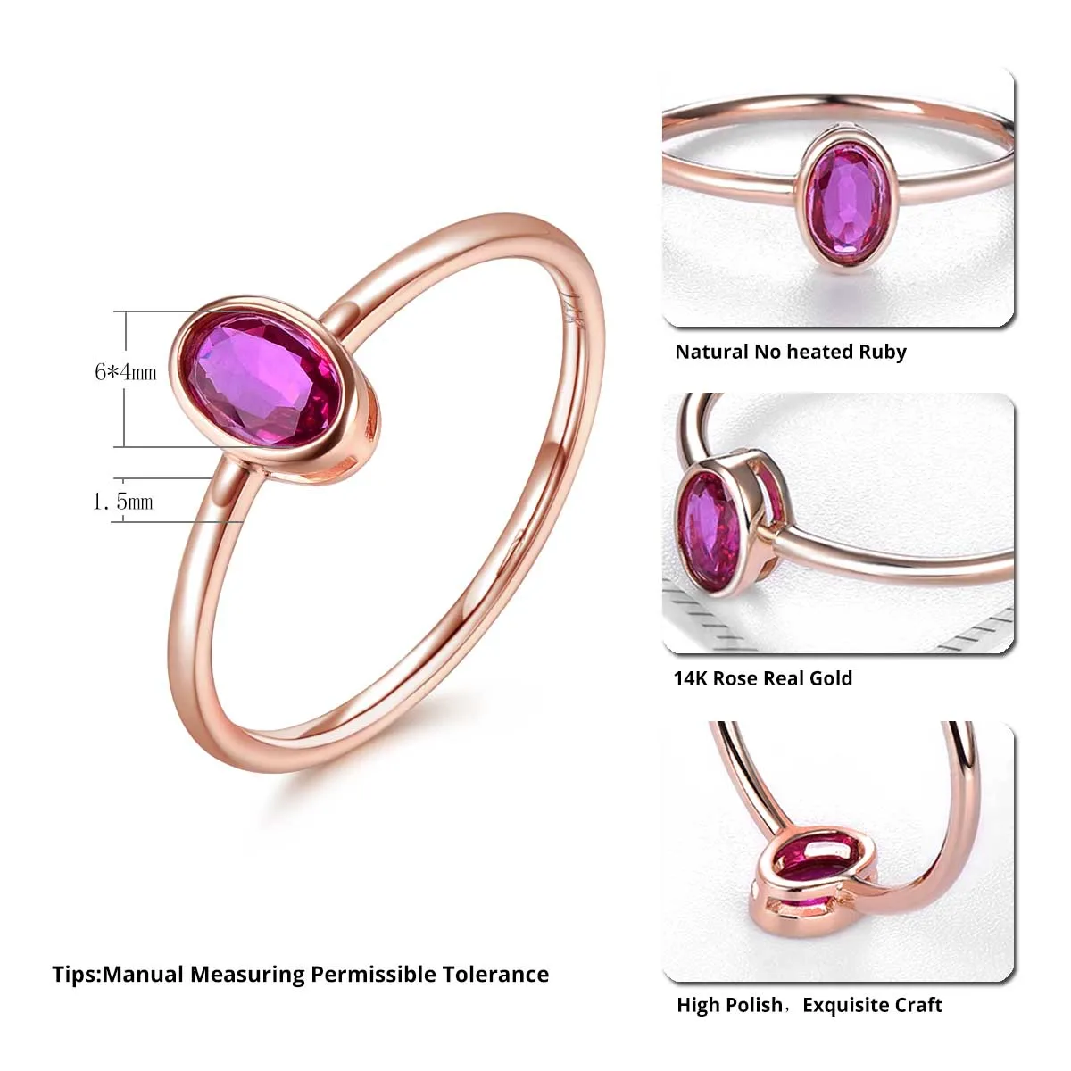 Lohaspie 0.35 Carats Natural No Heated Ruby Ring 14K Rose Gold Fine jewelry Oval Cut 6mm*4mm Gemstone Ring Simple Design Gift