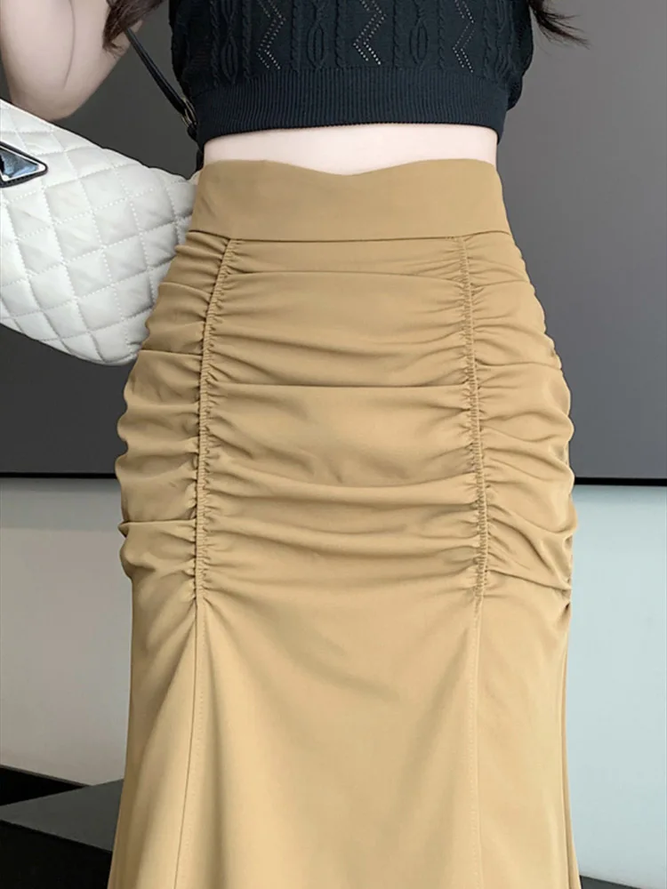 Elegant Mid-length Skirt A-line High-waist Sexy Button Slit Design Skirts for Women Summer Korean Style Pleated Clothing