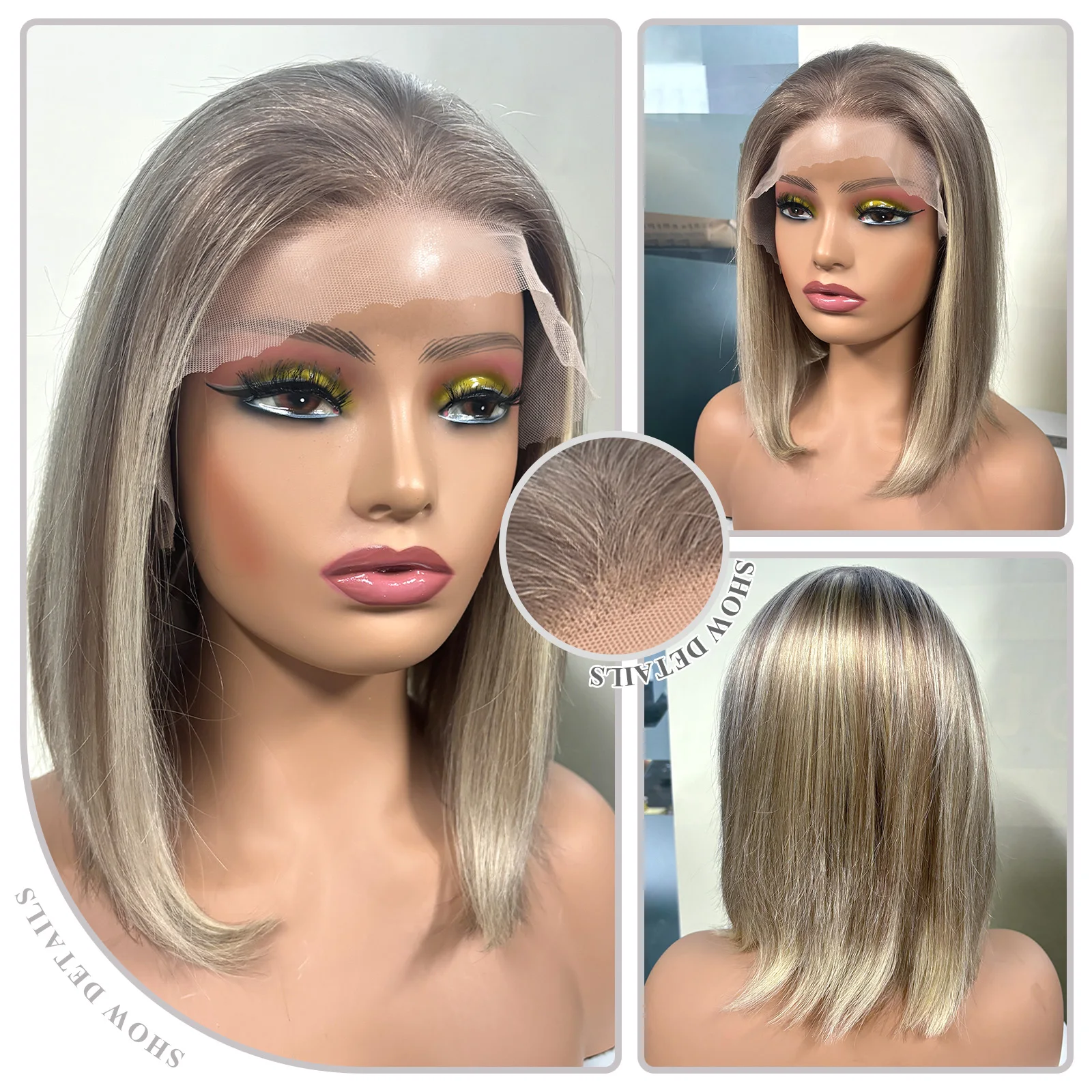 Remy Human Hair 13x4 Lace Front Straight Bob Wigs Grey Brown Blonde Mixed Piano Wig HD Transparent Lace Wig for Women Daily Use