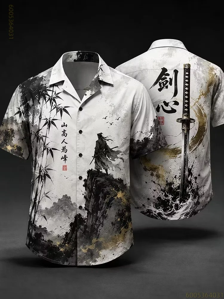 Men's shirt with a chivalrous swordsman print, double-sided print, short-sleeved collar, comfortable fabric, trendy loose fit.