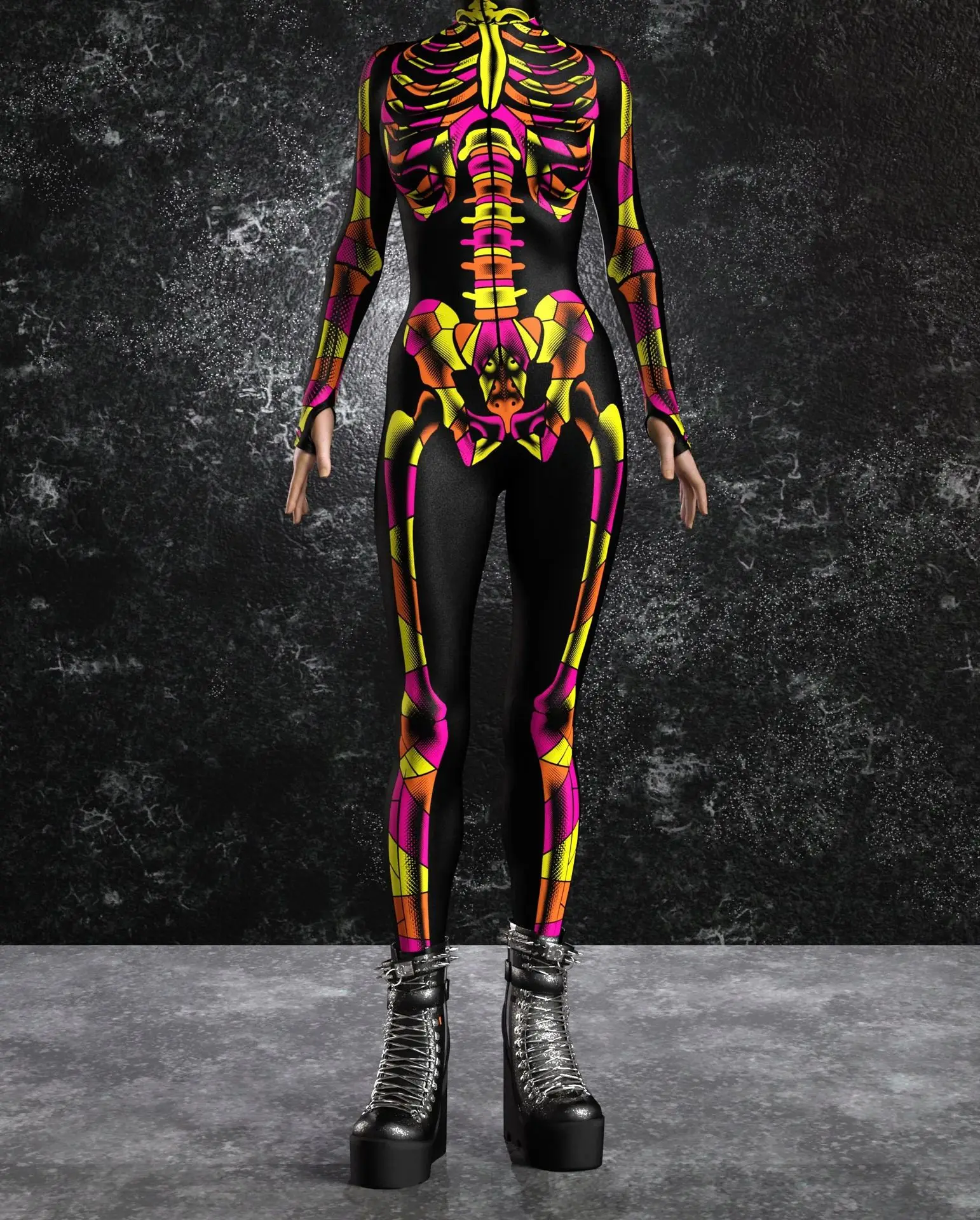 Halloween-Horror-Party Damen Sexy Mehrfarbiger Totenkopf-Print Jumpsuit Kleidung für Feiertagspartys, Maskenbälle und Bühnenauftritte – Detail 3
