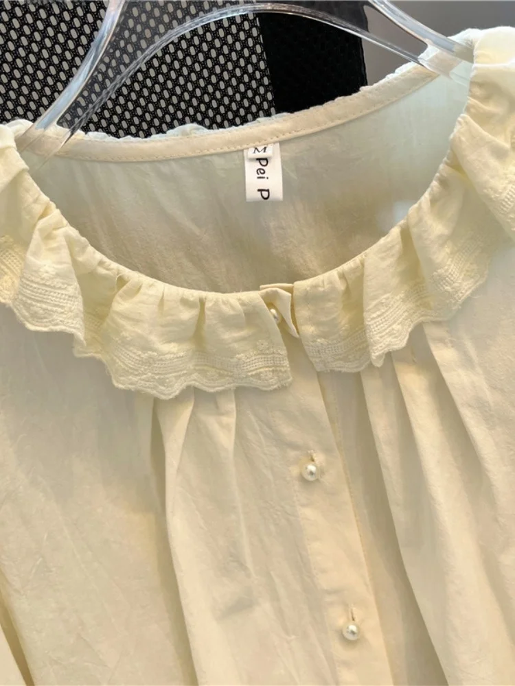 レーストリムドールカラーirtレディース初秋ルーズエイジディフュージョントップ韓国風スレボタンディテールロングスリーブカラー