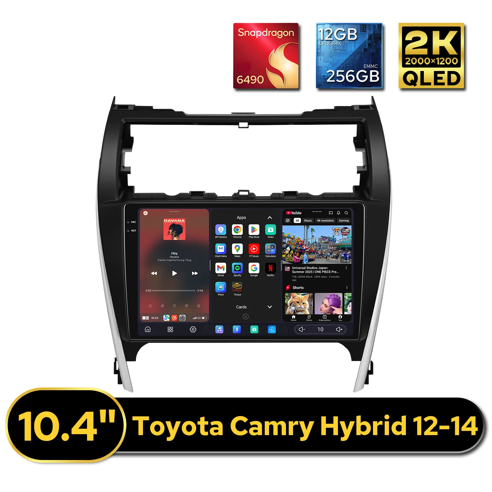 High-End 10.4 Inch Car Stereo CarPlay Head Unit For Toyota Camry Hybrid 2012-2014 2K QLED 2000*1200 Touch Screen Dual Bluetooth