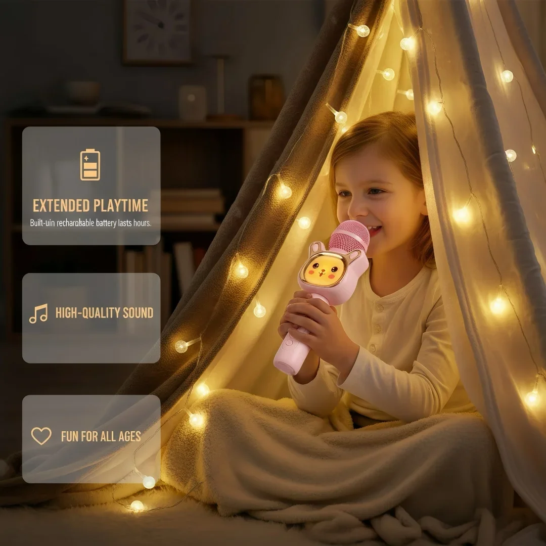 Karaoke-Mikrofon-Spielzeug für Kinder, kabelloses Bluetooth, TF-Kartenspiel, bunte LED, All-in-One-Karaoke-Mikrofon, ideales Geschenk für Kinder