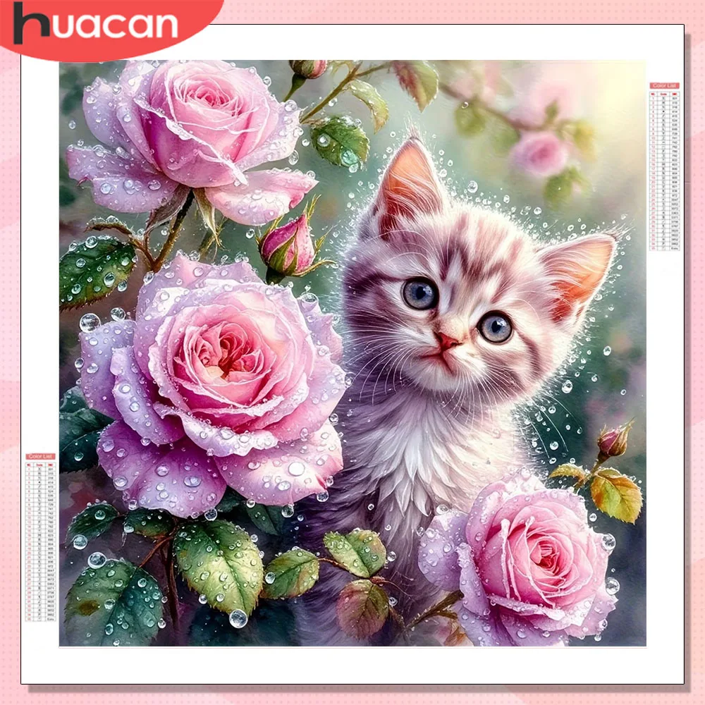 HUACAN Diamantmalerei Katze Tier Handgefertigt Quadratisch Rund Wanddekoration Diamantmosaik Neuerscheinung Rosenblumen-Kunsthandwerk