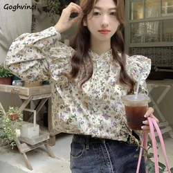 Long Sleeve Floral Shirts Women Ruffles All-match Aesthetic Casual Chic French Style Elegant Tender Chic Trendy Daily Spring