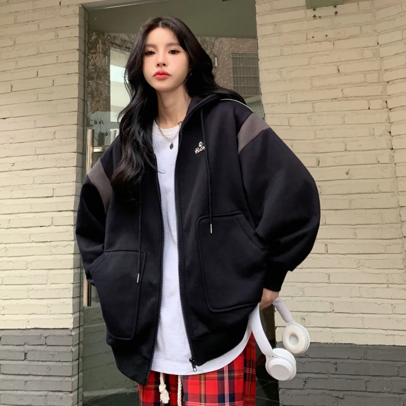 Vintage Black Outwear Women Hooded Contrasting Colors American Fashion Y2K Lazy Wind 2023 Winter Female Apricot Cardigan Coat