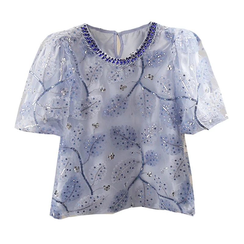 Novo redondo Ne pesado embelezado lantejoulas com zíper Slim Fit Bubble Sve Small irt Design Trendy Top Commute Sle Summer Fas...