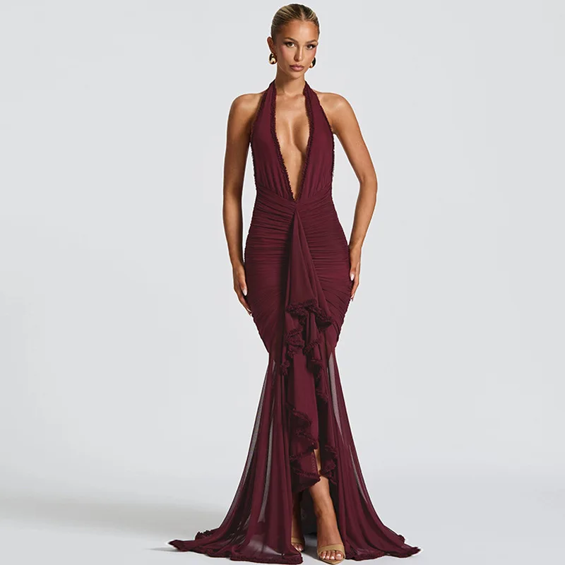 

Summer New Mesh Patchwork Elegant Dress Long Skirt V-Neck Hanging Neck Backless Sexy Dress