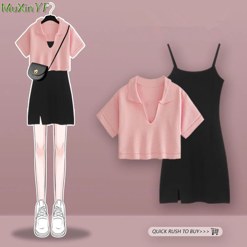 Women Summer Loose Thin Knit Short T Shirts Mini Black Slim Dress Two Piece Set 2024 Korean Lady Pink Crop Tops Camisole Outfits