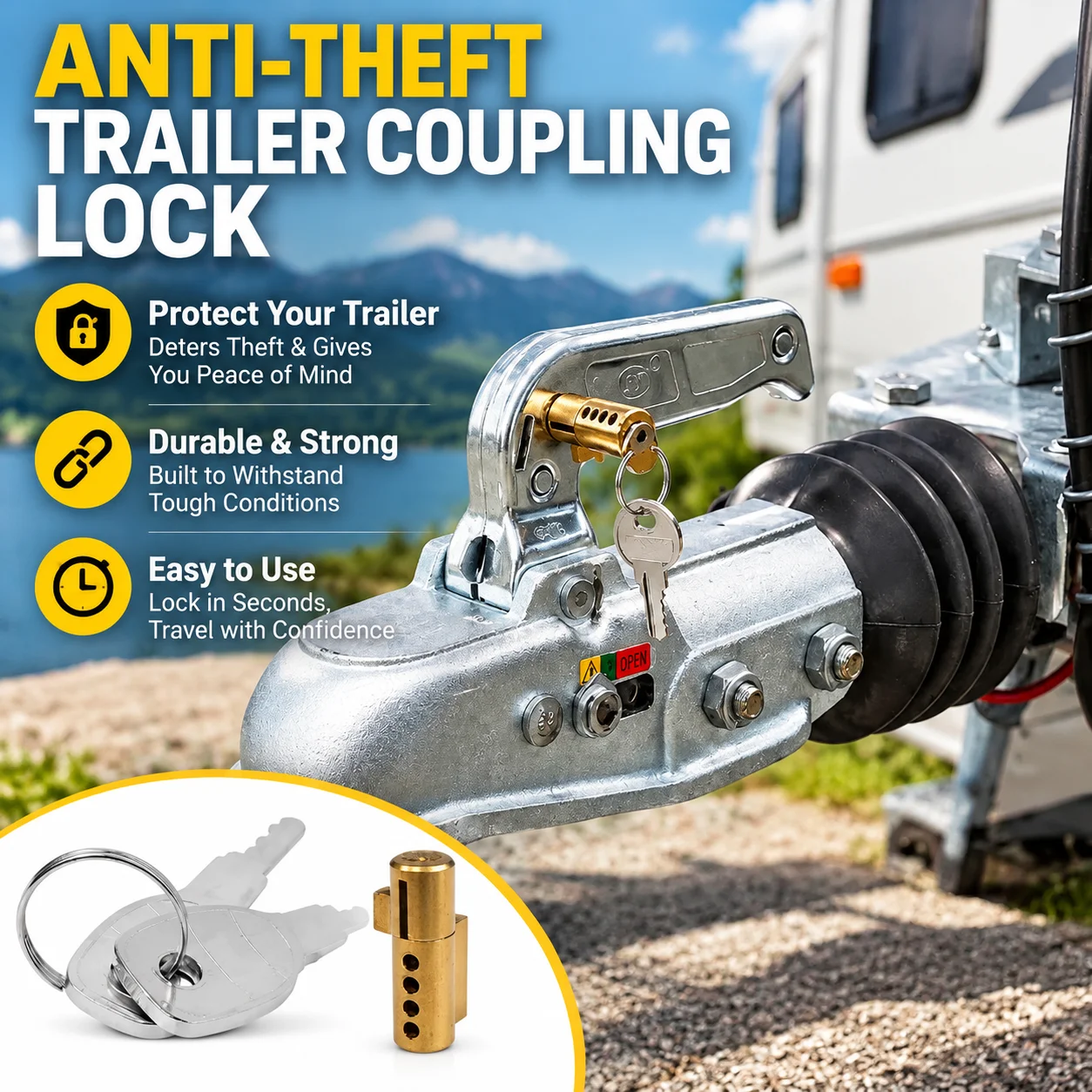 Anti-Theft Trailer Coupling Hitch Lock for Pressed Steel Couplers, Fits Caravans and RVs, Durable Copper Lock Cylinder, 2 Keys