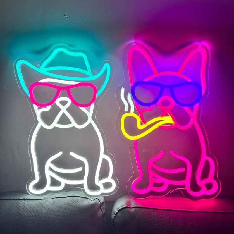 Buldogue Francês Sinal de Neon para Parede, Branco, Cowboy, Francês, Buldogue, Óculos, LED, Decoração, Acessórios, 5V, USB, 24