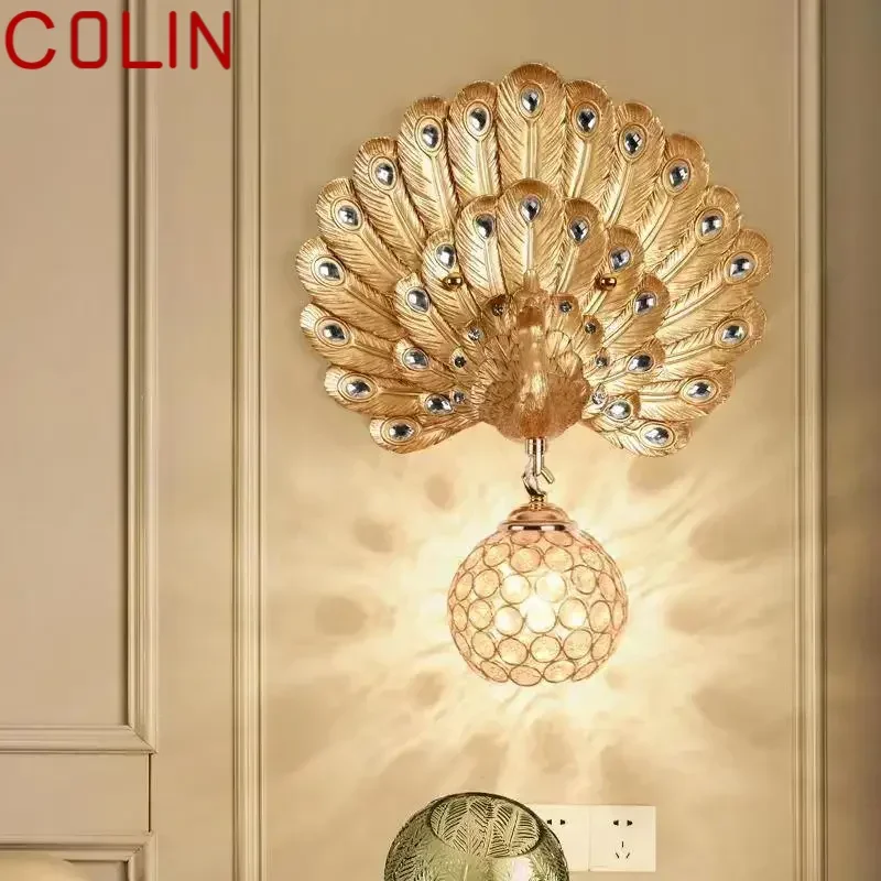 COLIN Contemporary Resin Peacock Wall Light LED Gold Creative Crystal Sconce Lamps For Home Living Room Bedroom Decor