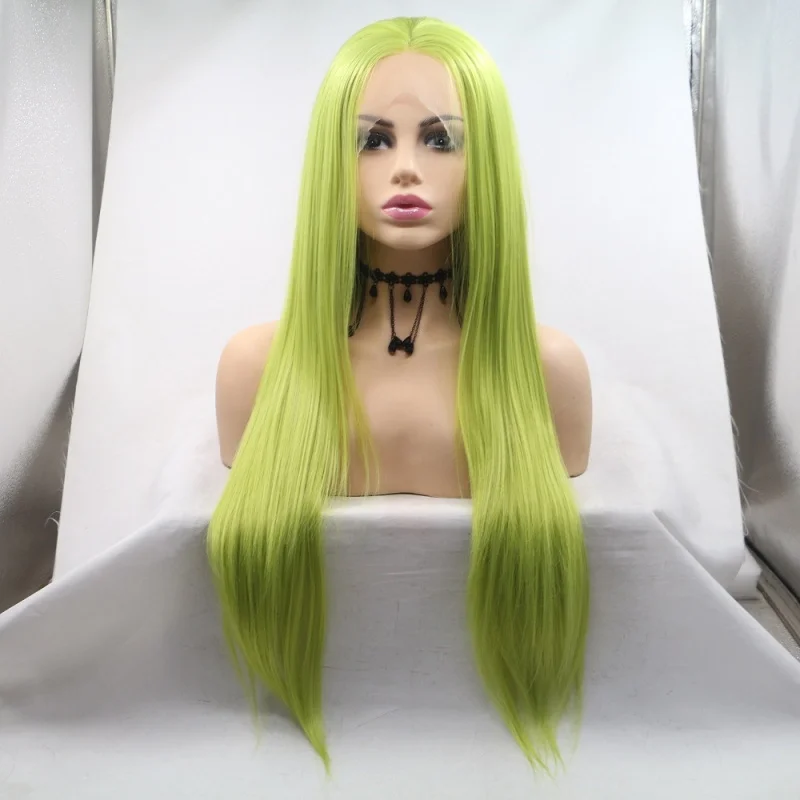 

Mixed green free-parting long straight synthetic cosplay wig with hand-tied front lace cap