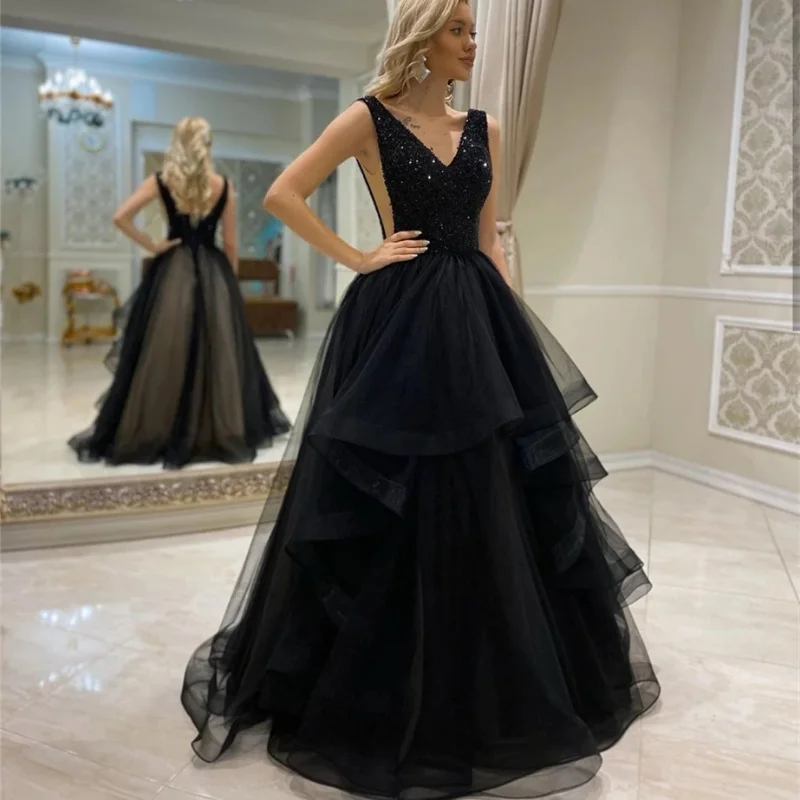 

Black Evening Dress A-Line V-Neck Tank Sequined Beads Tiered Backless Sleeveless Floor Length Formal Party Prom Gown 2023