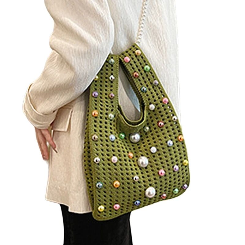 Contemporary Hollow Out Knitted Small Handbag with Beaded Chain Single Shoulder Bucket Bag Perfect for Any Occasion