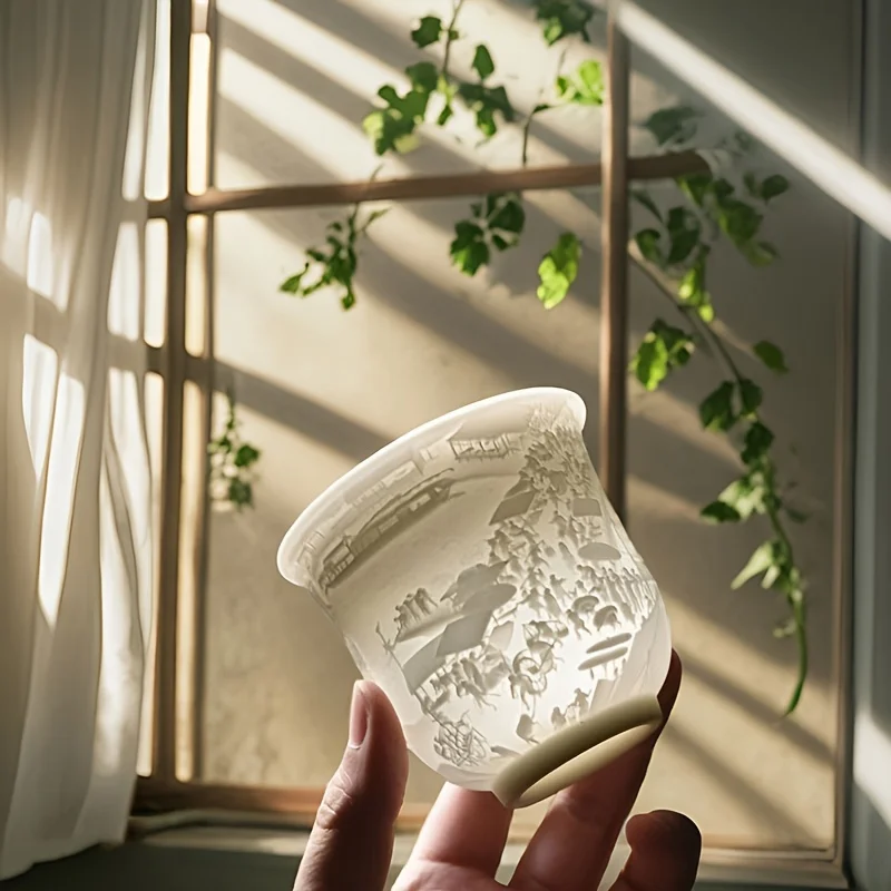 

Dehua White Jade Porcelain Gongfu Tea Cup Along the River During Qingming Festival Relief Carving