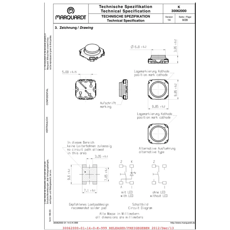 1pcs/lots 100% original Germany Waterproof & Dustproof Silicone Tactile Switch 10*10*4 with Light Keypad SMD White LED 3006.3103