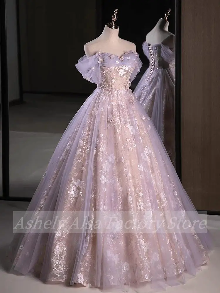 NA22 Customized Luxury Lilac Princess Formal Evening Dresses Off Shoulder Lace Sweet 15 16 Prom Birthday Party Gown Quinceanera