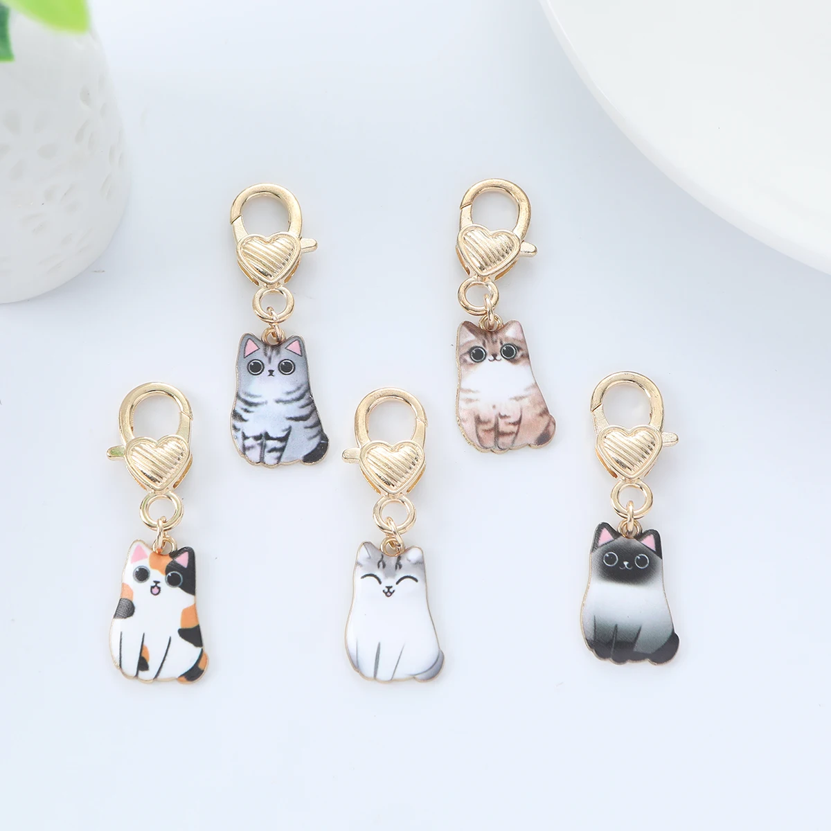 5 Pcs Cartoon Animal Cat Metal Keychains Enamel Charms for Jewelry Making Cute DIY Keychain