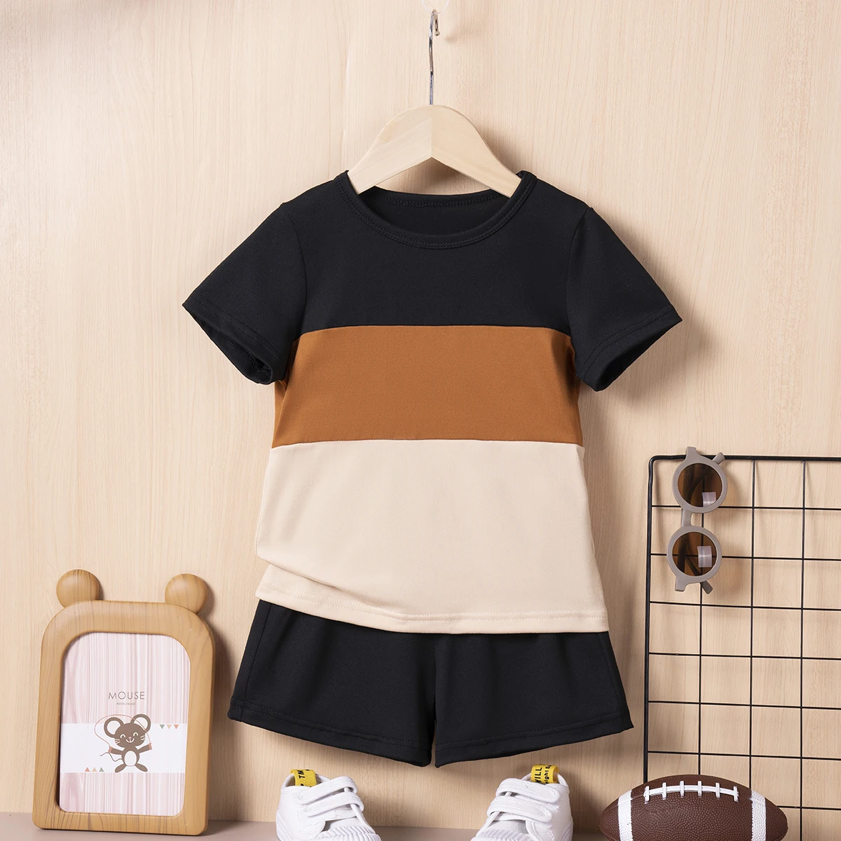 Summer New Boy Fashion Casual Sports Short Sleeve Shorts Set Collision Tricolor T-Shirt + Solid Color Shorts 2 Pcs Kids Boys