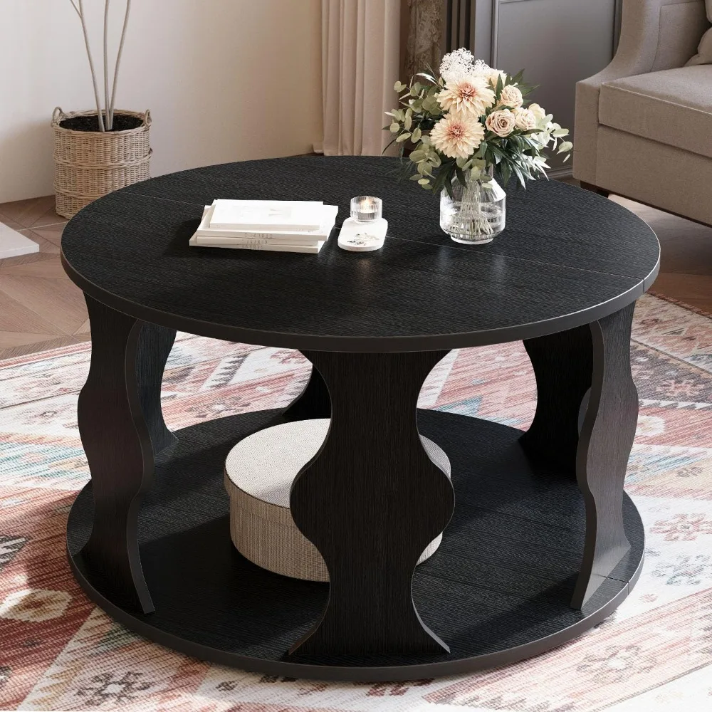 

Black Round Coffee Table, Modern Wood Circle Center Table for Living Room, Unique Rustic Wooden Circular Coffee Table with S